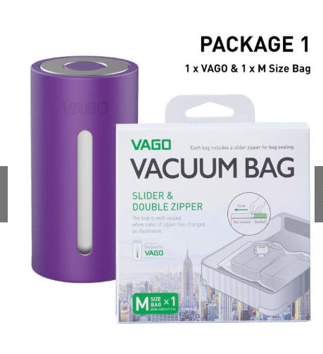 VAGO Travel Vacuum Compressor With M Size Slider & Double Zipper Vacuum Bag